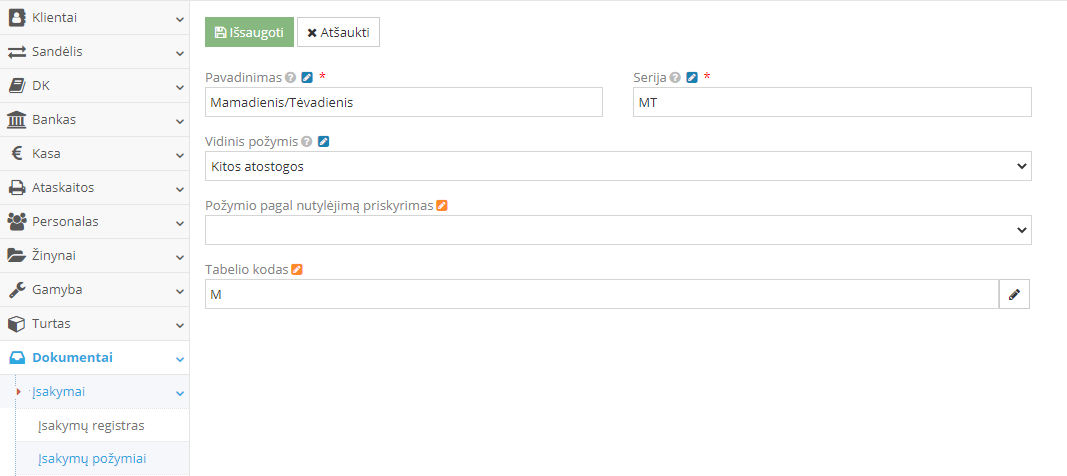 Tabelio žymėjimo pasirinkimo forma