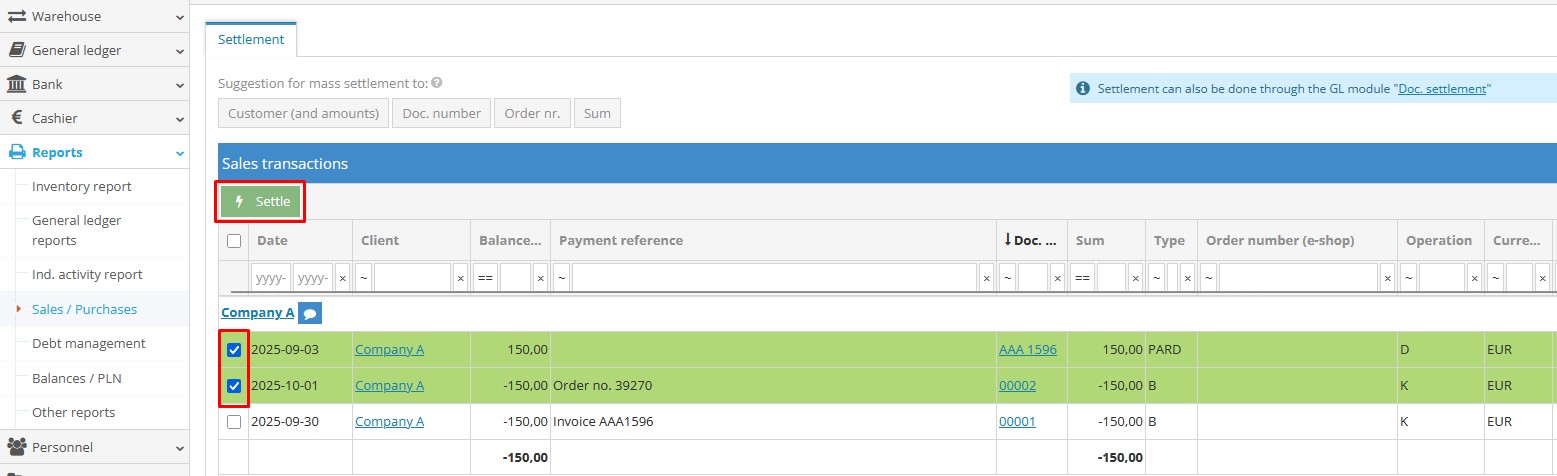 Manual settlement of individual entries