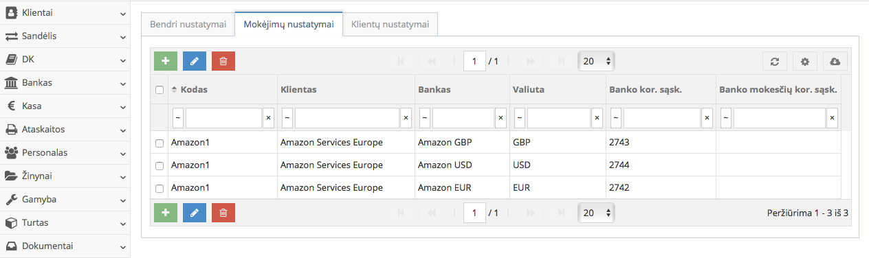 Mokėjimų nustatymų modulio valiutų sąrašo pavyzdys