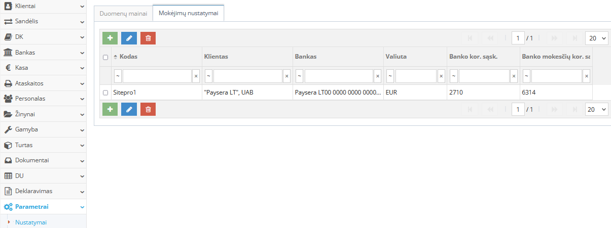 Mokėjimų nustatymų langas duomenų mainuose