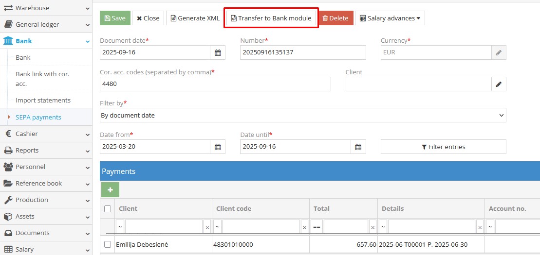 Transferring SEPA payment information to bank module