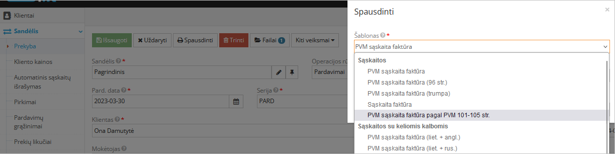 Pardavimo sąskaitos formavimo šablono pasirinkimas