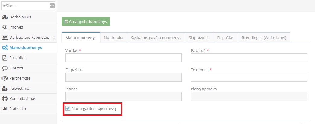 Naujienlaiškio gavimo nustatymai