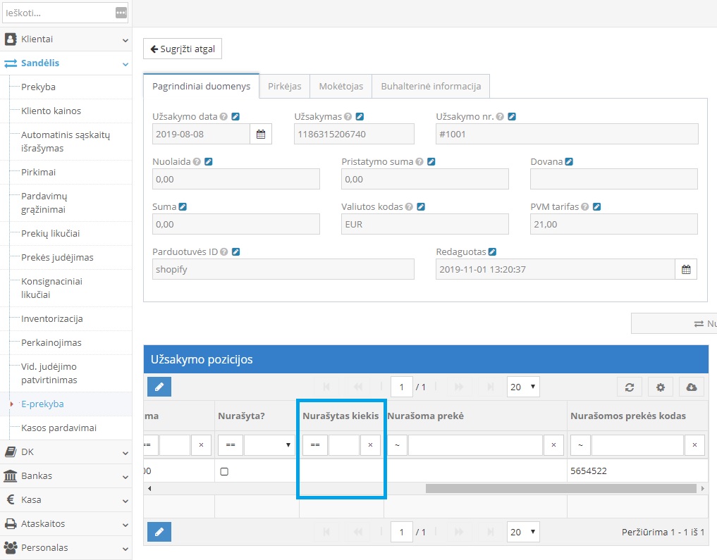 Pavyzdys kaip atrodo nenurašytos prekės informacija užsakyme