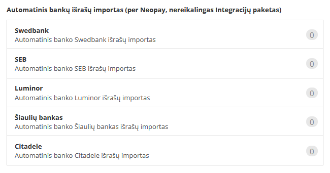 Neopay integracijų pasirinkimo langas