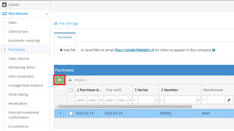 Entering a new purchase in the warehouse section