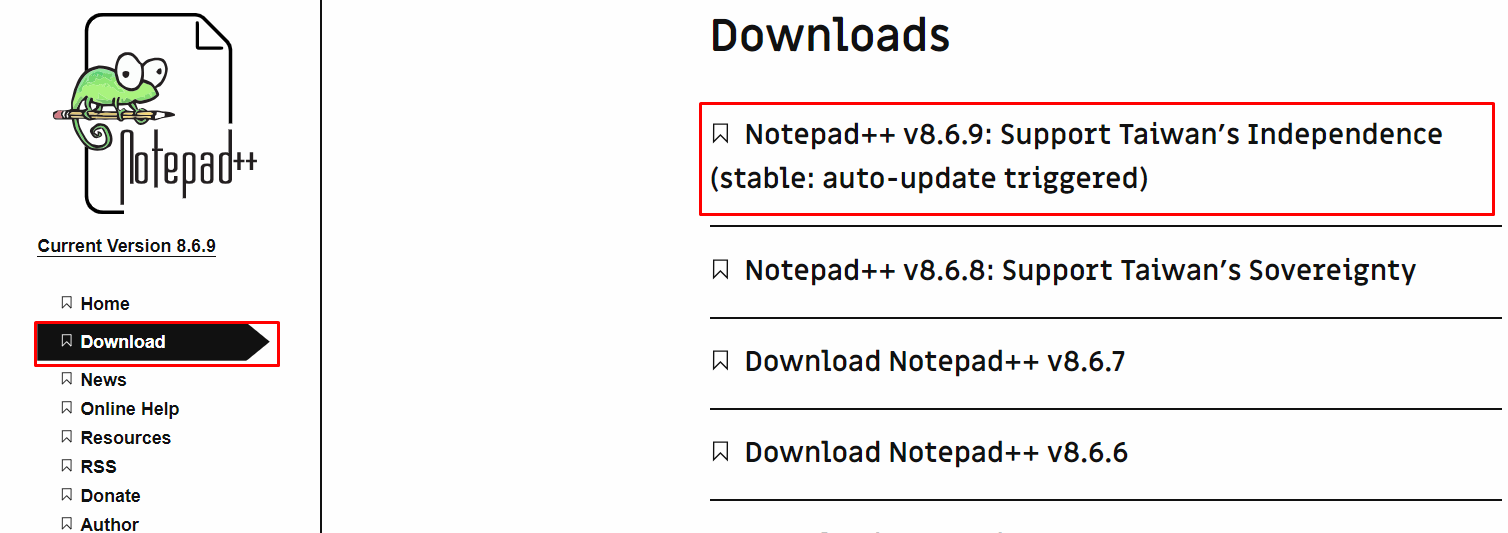 Notepad++ download page screenshot