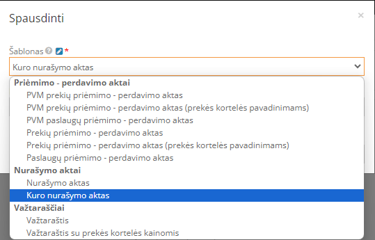 Kuro nurašymo akto spausdinimo pasirinkimas