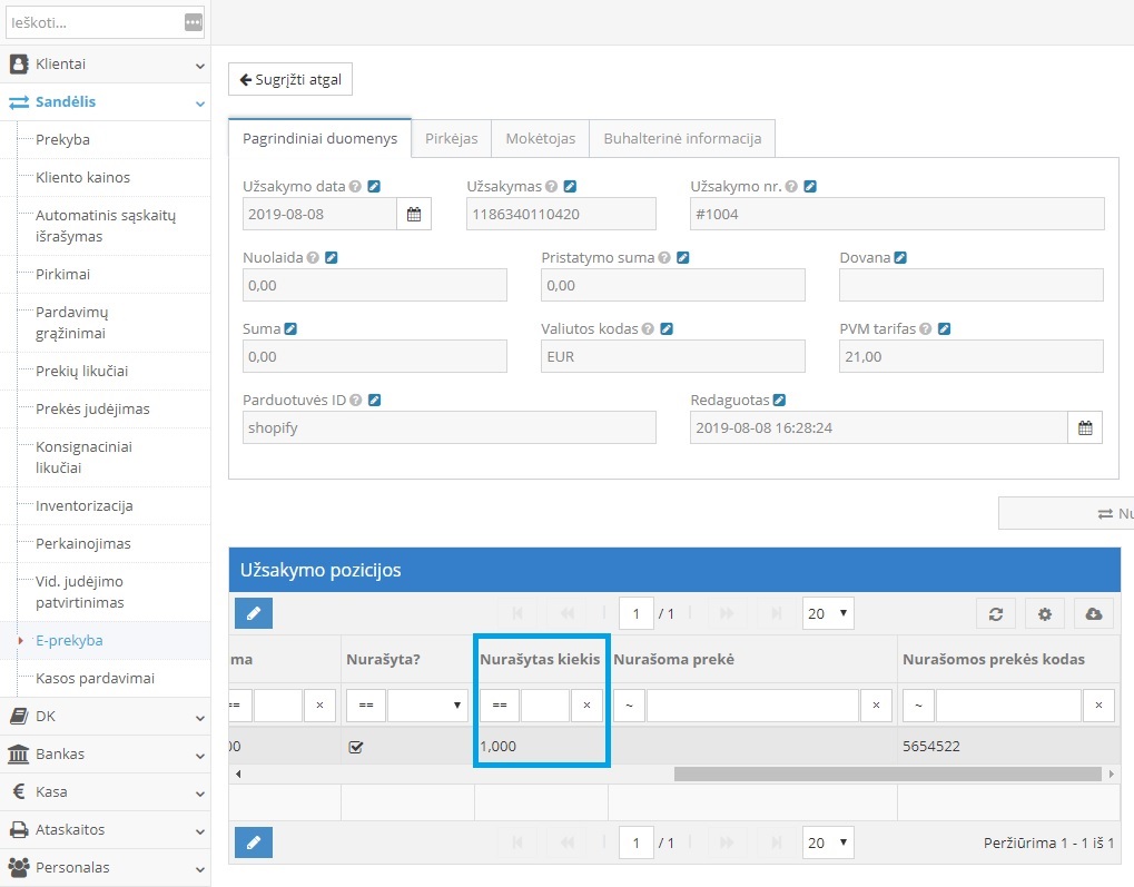 Pavyzdys kaip atrodo nurašytos prekės informacija užsakyme