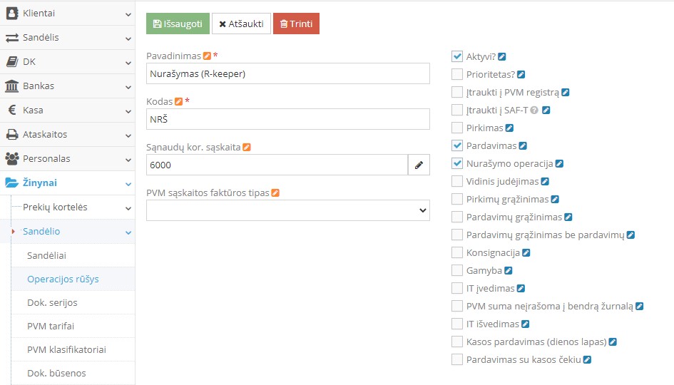 Nurašymo operacijos rūšies sukūrimo pavyzdys