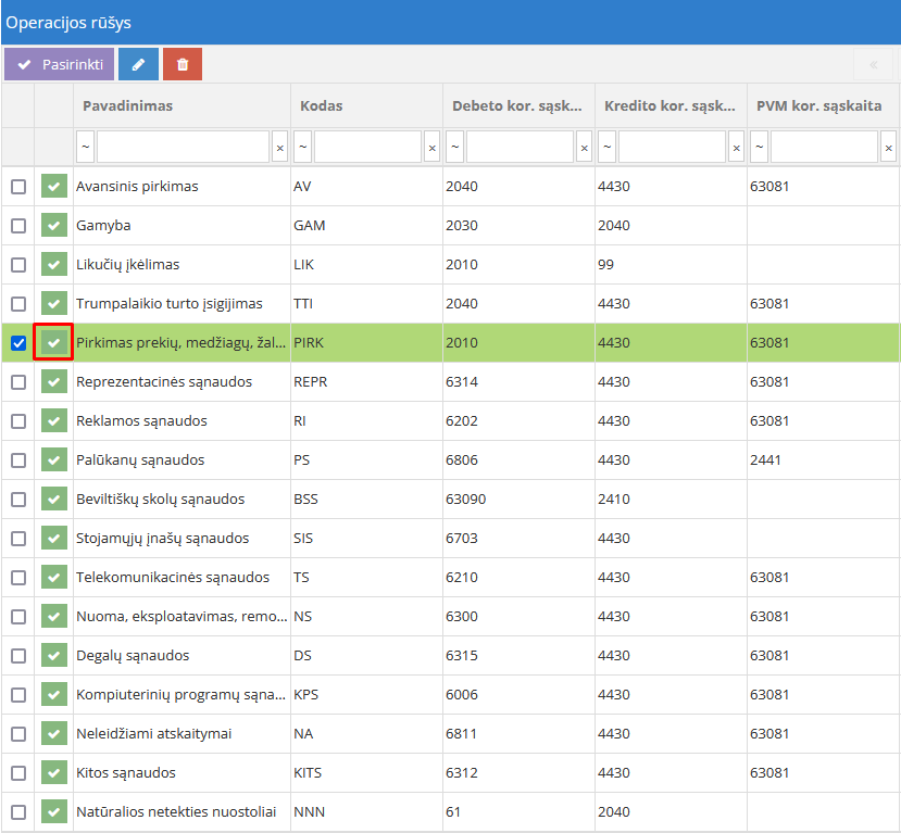 Operacijos rūšies pasirinkimo langas