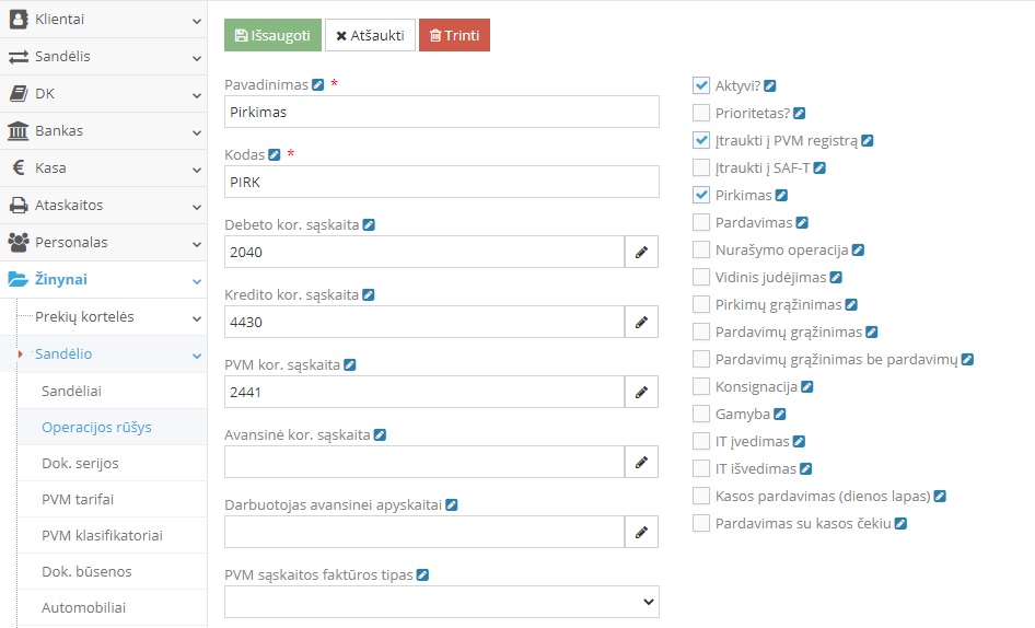 Ilgalaikio turto pirkimo operacijos kūrimo langas