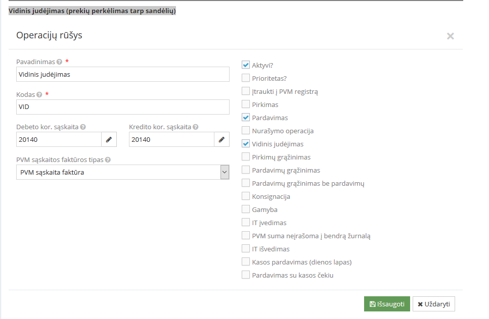 Prekių perkėlimo tarp sandėlių operacijos pavyzdys