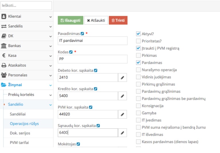 Operacijos rūšies IT pardavimas sukūrimas apskaitos sistemoje