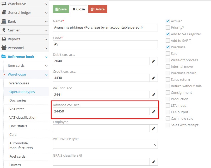 Creating purchase operation type with advance contra account option