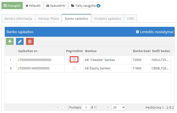 Pagrindinės banko sąskaitos pasirinkimas kliento kortelėje