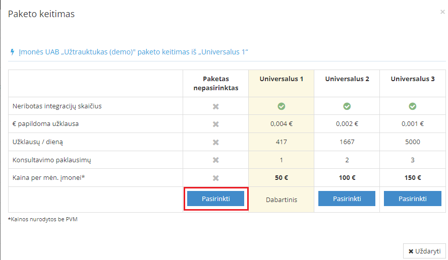 Langas su pasirinkimu Paketas nepasirinktas