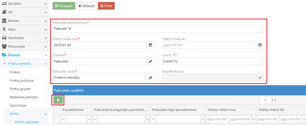 Prekės pakuotės užpildymo langas