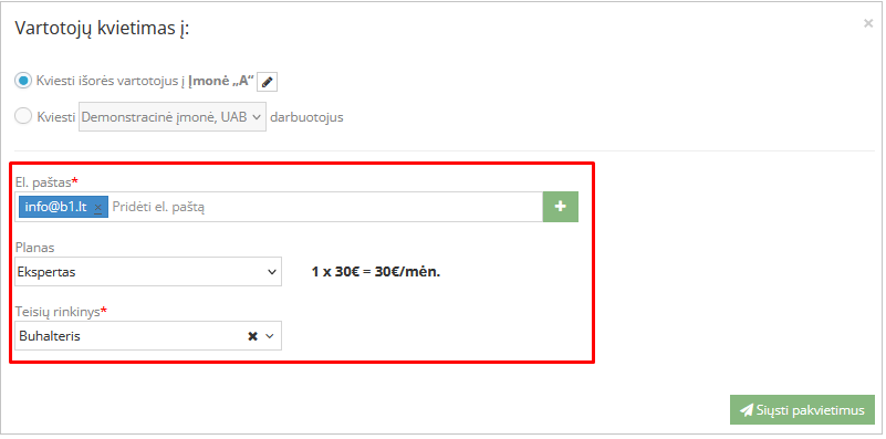 Pakvietimo laukų pildymas naujam vartotojui