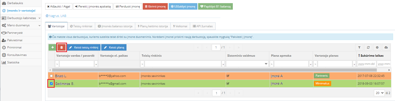 Удаление доступа пользователю в выбранной компании