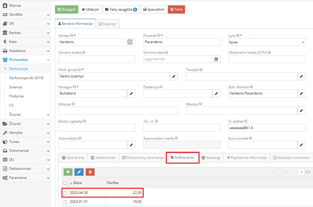 Įrašai darbuotojo kortelėje skiltyje % Sodros proc.