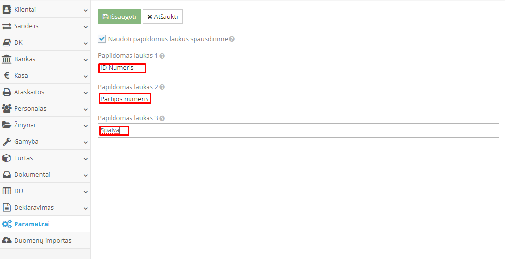 Papildomų prekių požymių nustatymų langas