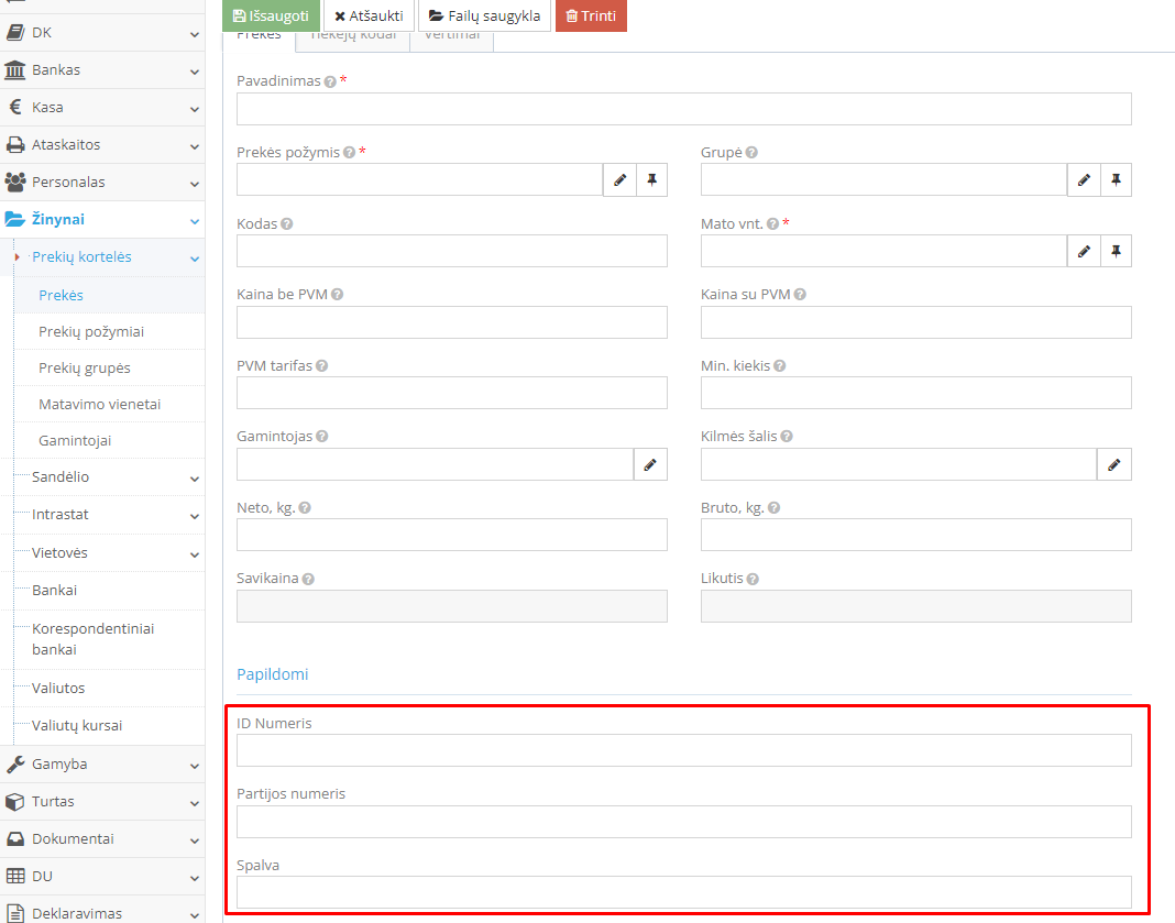 Papildomų laukų kortelė prekių modulyje