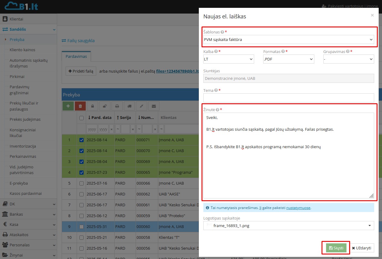 Pardavimo sąskaitos šablono pasirinkimo langas