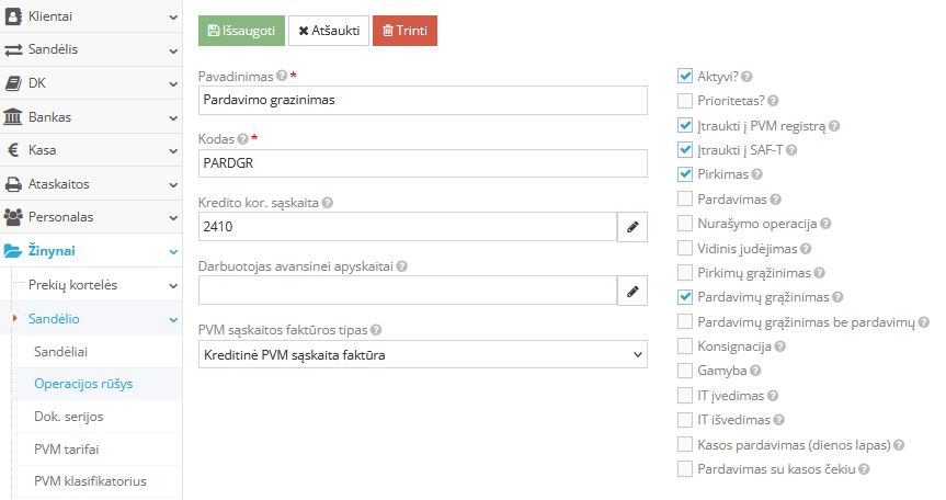 Pardavimų grąžinimo operacijos kūrimas