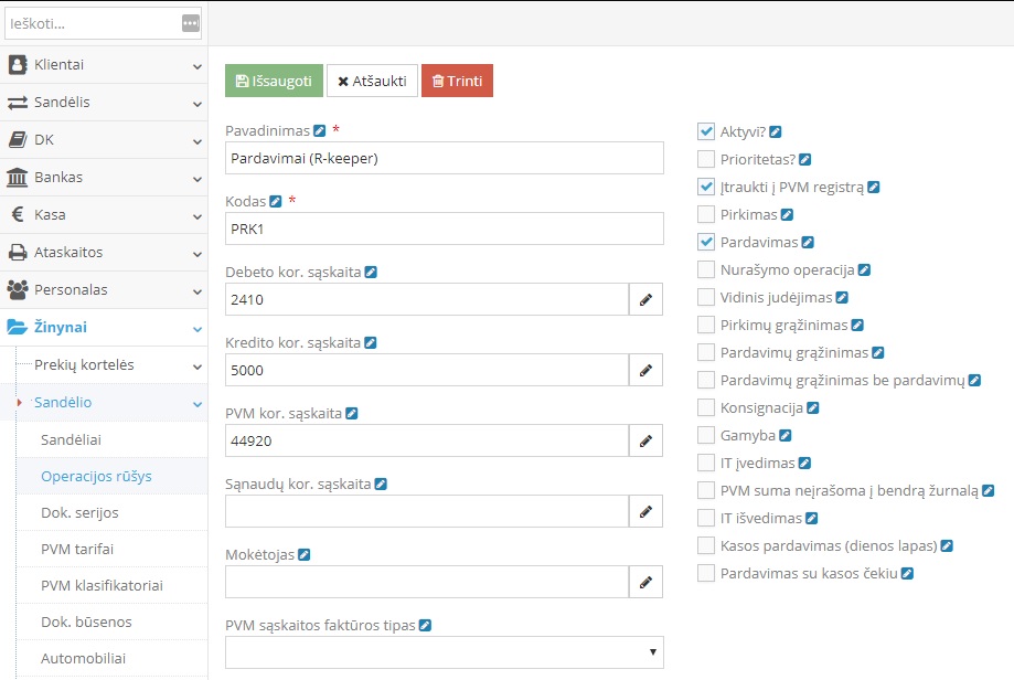 Pardavimo operacijos rūšies sukūrimo pavyzdys