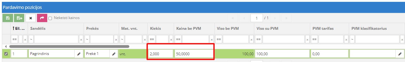 Prekės kiekio ir kainos įvedimas