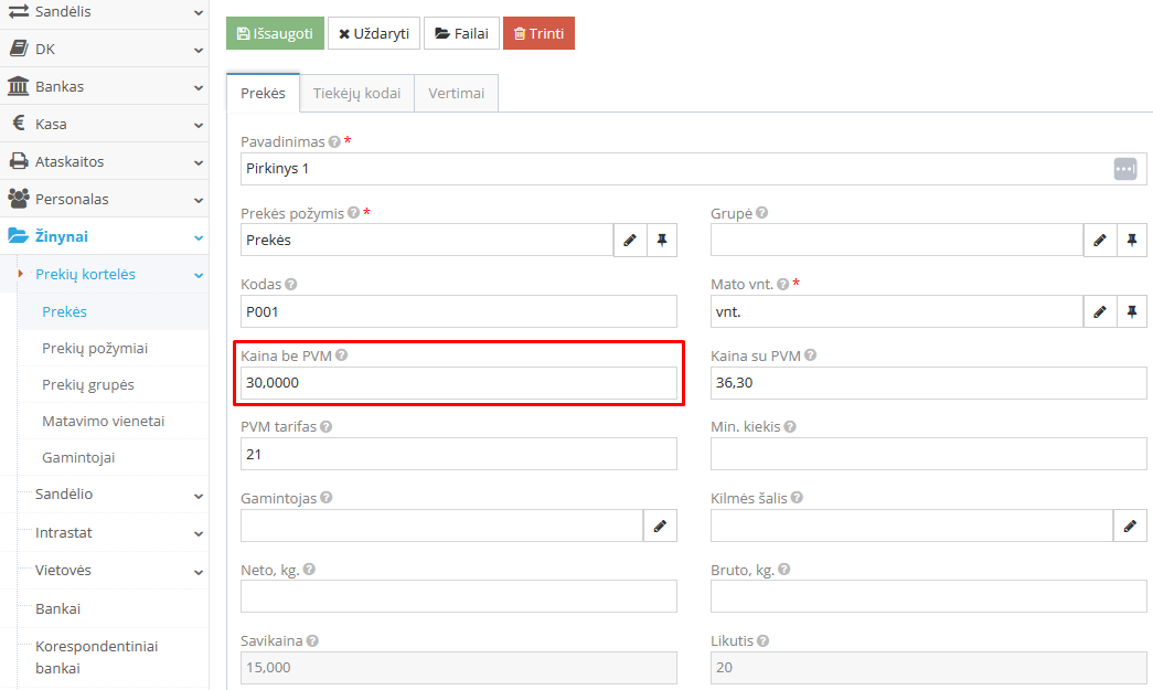 Pardavimo kainos įrašymas prekių kortelėje