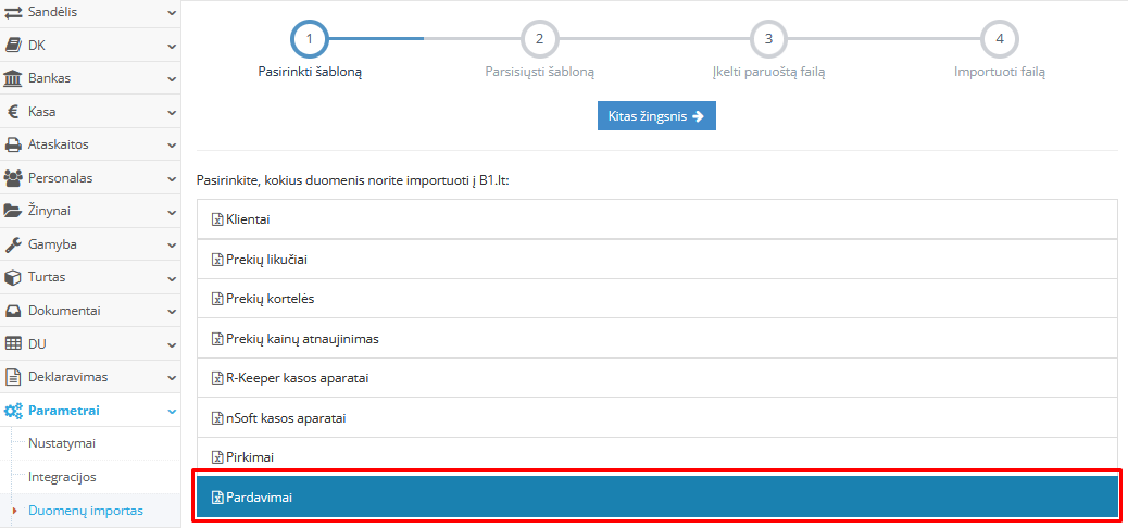 Pardavimų importo pasirinkimo langas