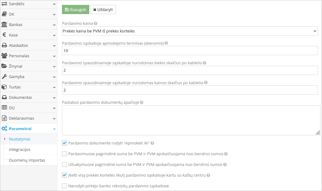 Pardavimo kainos pasirinkimo nustatymai parametruose