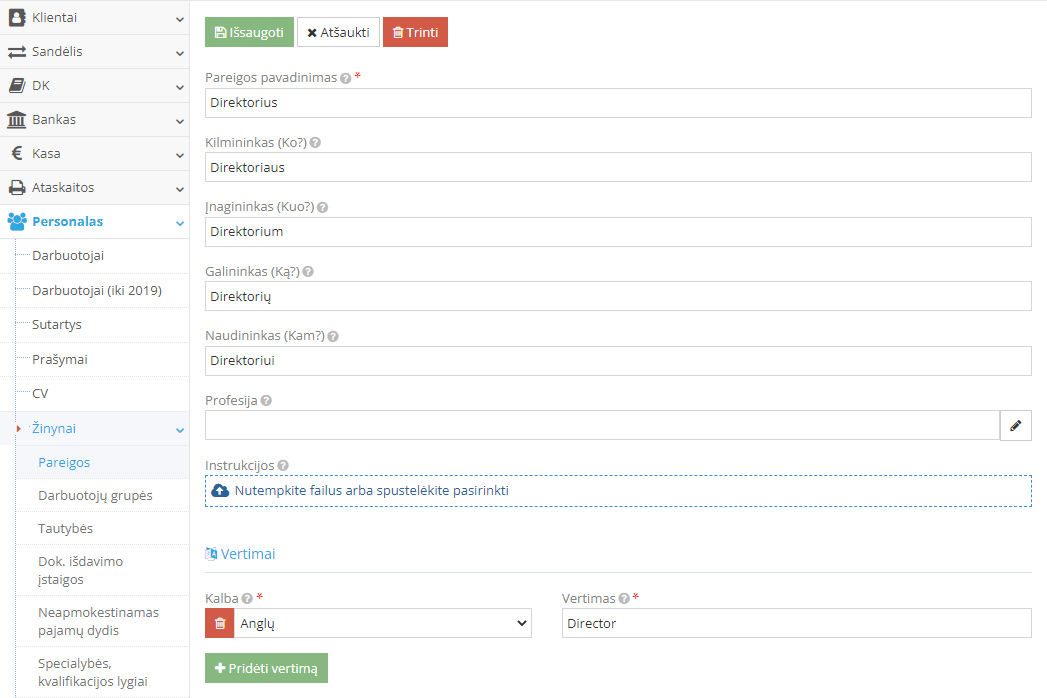Pareigų vertimo įvedimo langas sąskaitai faktūrai anglų kalba