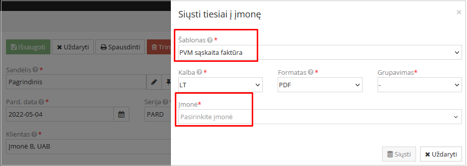 Dokumento šablono ir įmonės pasirinkimas iš sąrašo