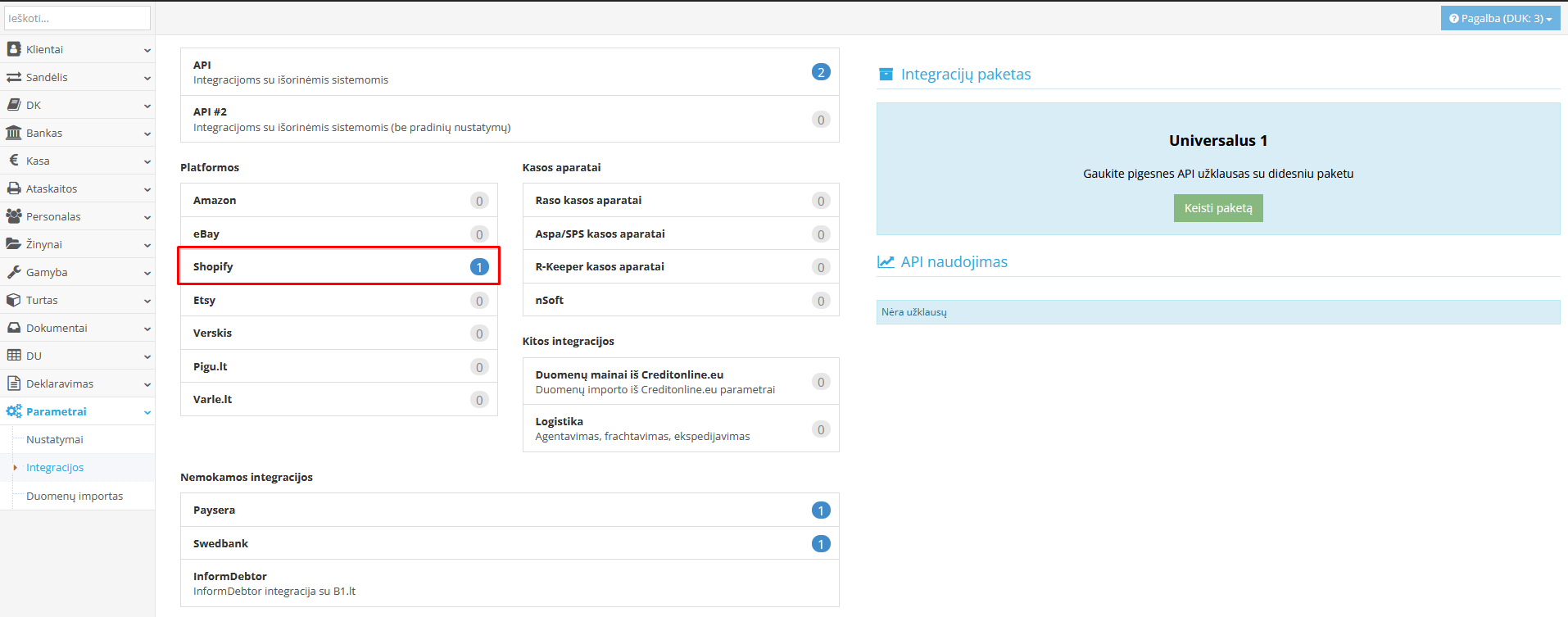 Integracijos pasirinkimo langas