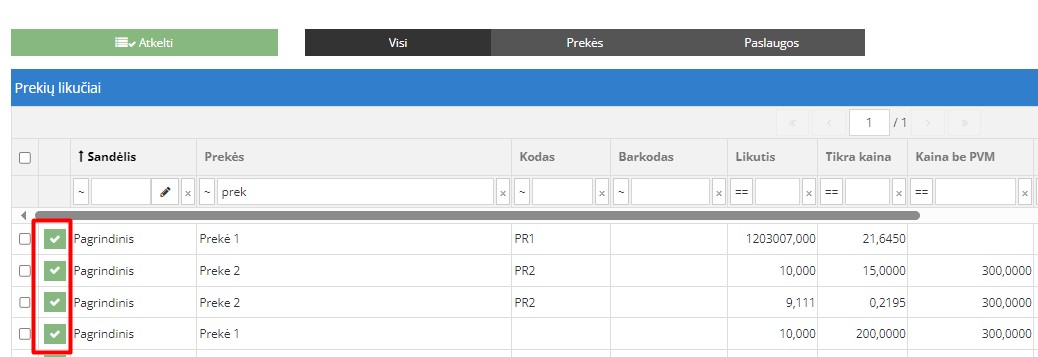 Pardavimo pozicijos pasirinkimas iš sąrašo