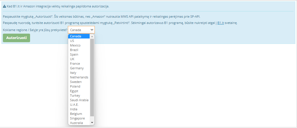 Selecting region or country for Amazon integration