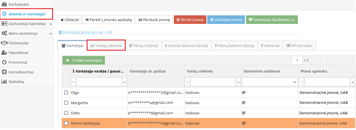 Paskyros įmonės ir vartotojų sąsajos langas