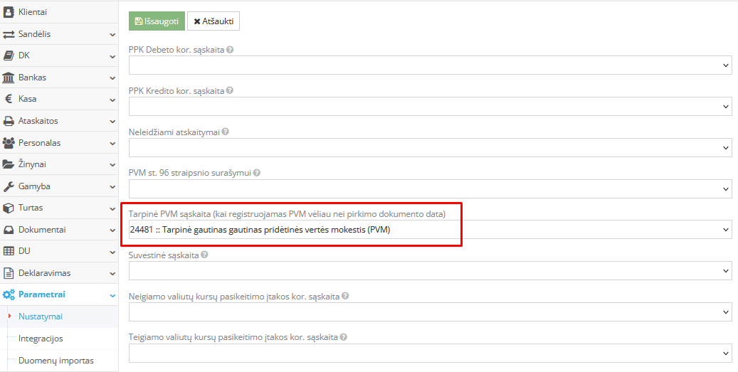 Tarpinės PVM sąskaitos priskyrimas nustatymuose