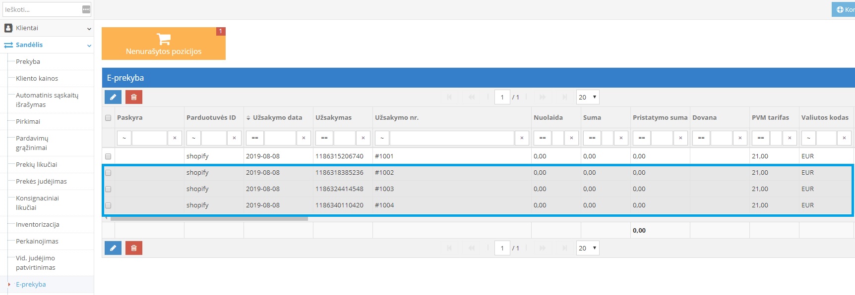 Pavyzdys kaip atrodo el. parduotuvės užsakymų sąrašas Site.pro modulyje