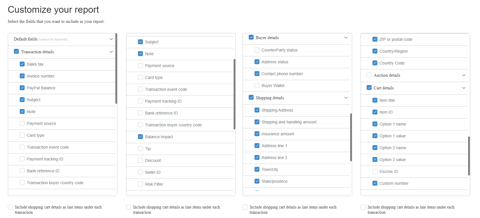 Selected fields for PayPal bank statement file generation