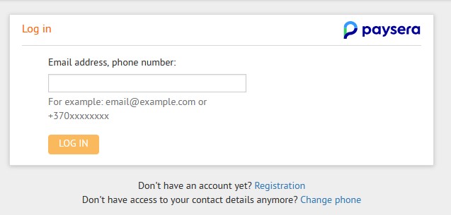 Paysera login window in the banking system interface