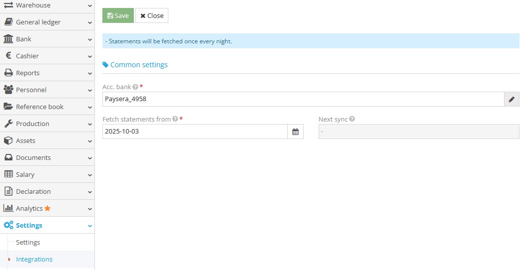 Paysera integration settings window