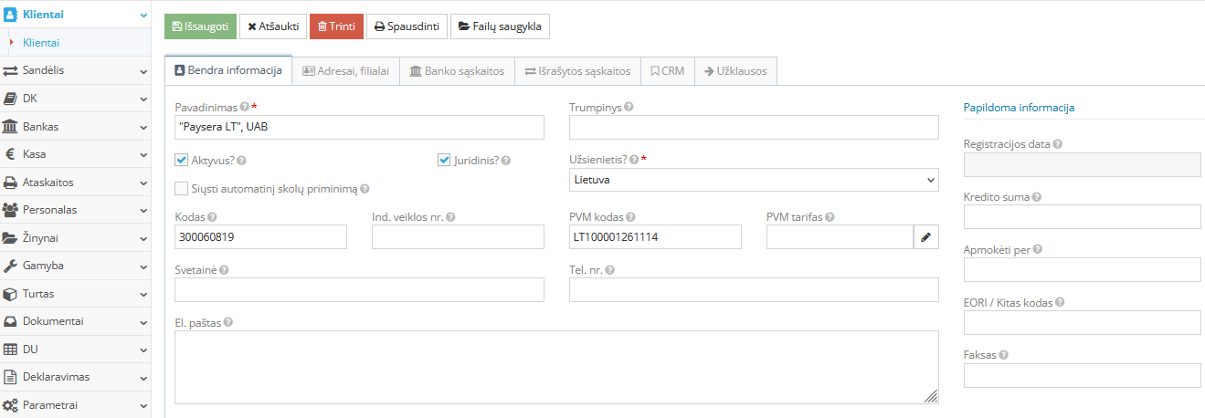 Naujo kliento kūrimo langas Paysera sistemoje