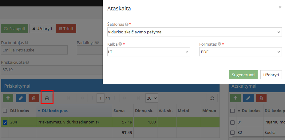 Pažymos apie mamadienį formavimo langas
