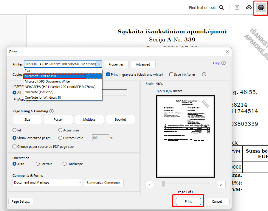 PDF failo spausdinimo į PDF instrukcija