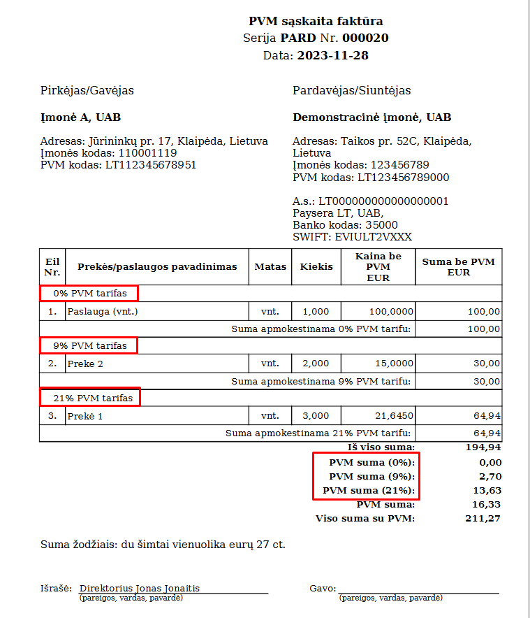 PDF dokumento su skirtingais PVM tarifais pavyzdys