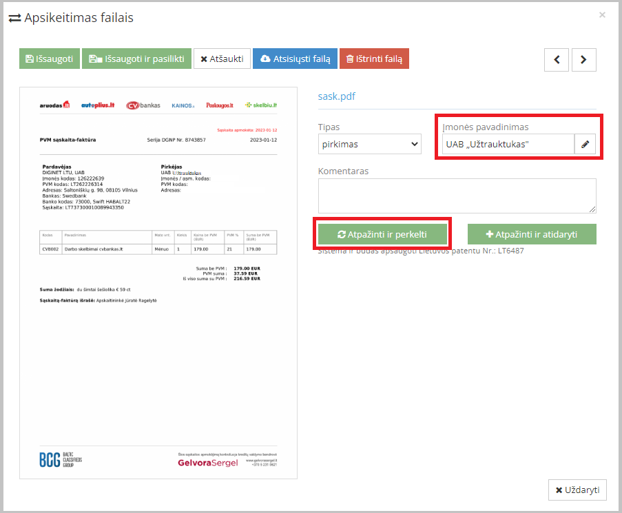 Dokumento priskyrimas tinkamai įmonei